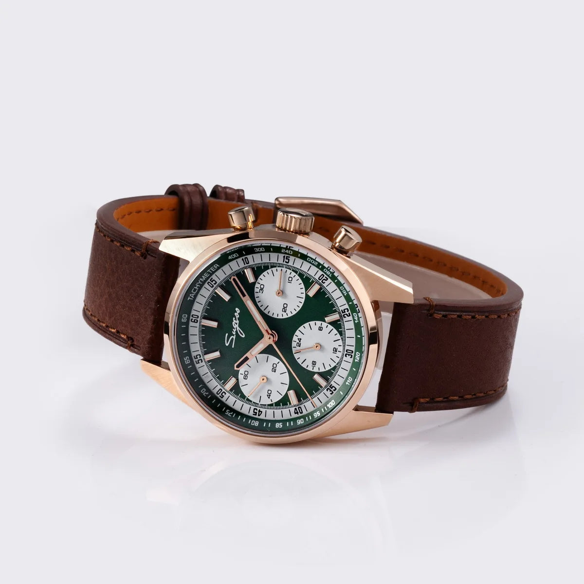 Sugess men's 38mm chronograph watch with green roulette dial, rose-gold case and brown leather strap