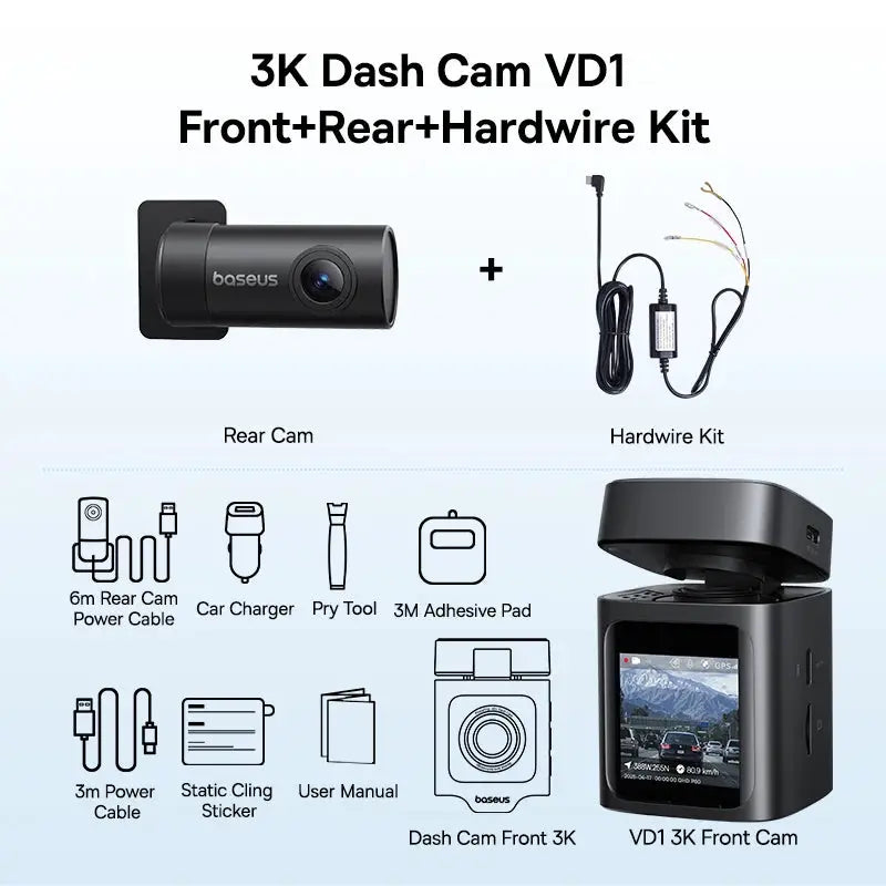 Baseus 3K Dash Cam VD1 with front and rear cameras and hardwire kit