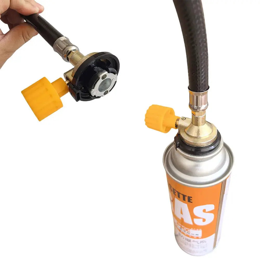 Gas refill adapter kit with braided hose, brass valve, yellow cap, and quick-connect fittings for cylinder filling