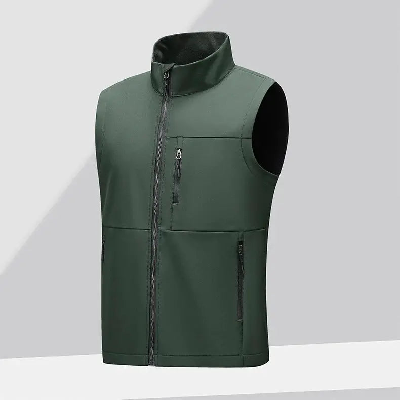 Men's green soft-shell vest with high collar, full-zip front and multiple zip pockets