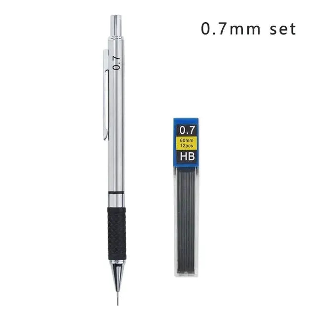 Metal mechanical pencil with grip and 0.7mm HB lead pack 2-piece set