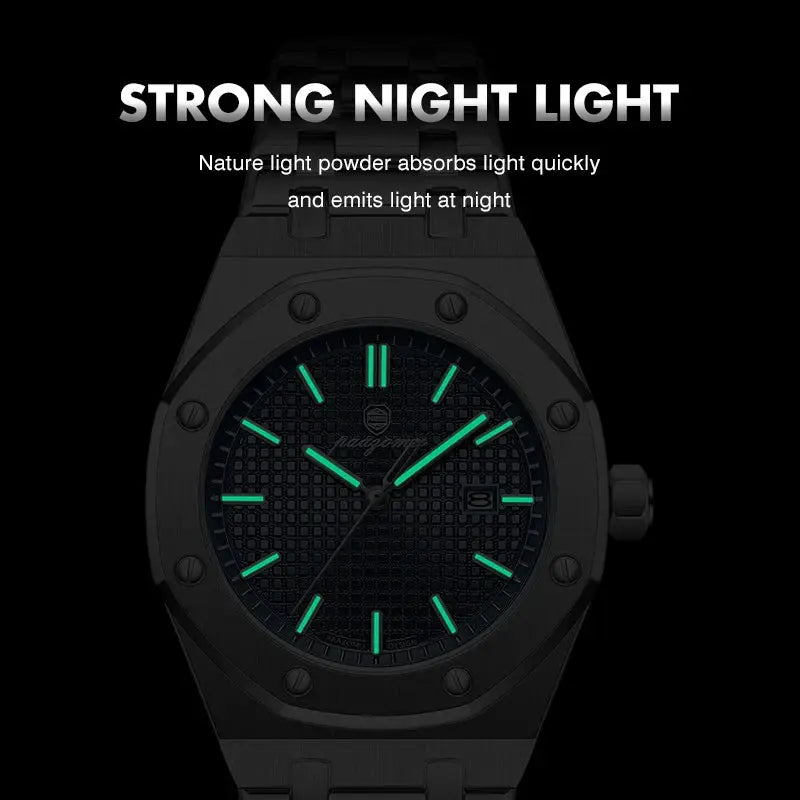 PAAZOMU luxury square men's quartz watch by Simples Market; black stainless steel, luminous green markers, date window