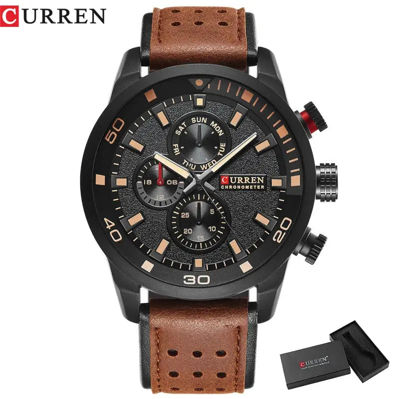 Curren 8250 men's watch with black case and brown perforated leather strap, chronometer-style dial