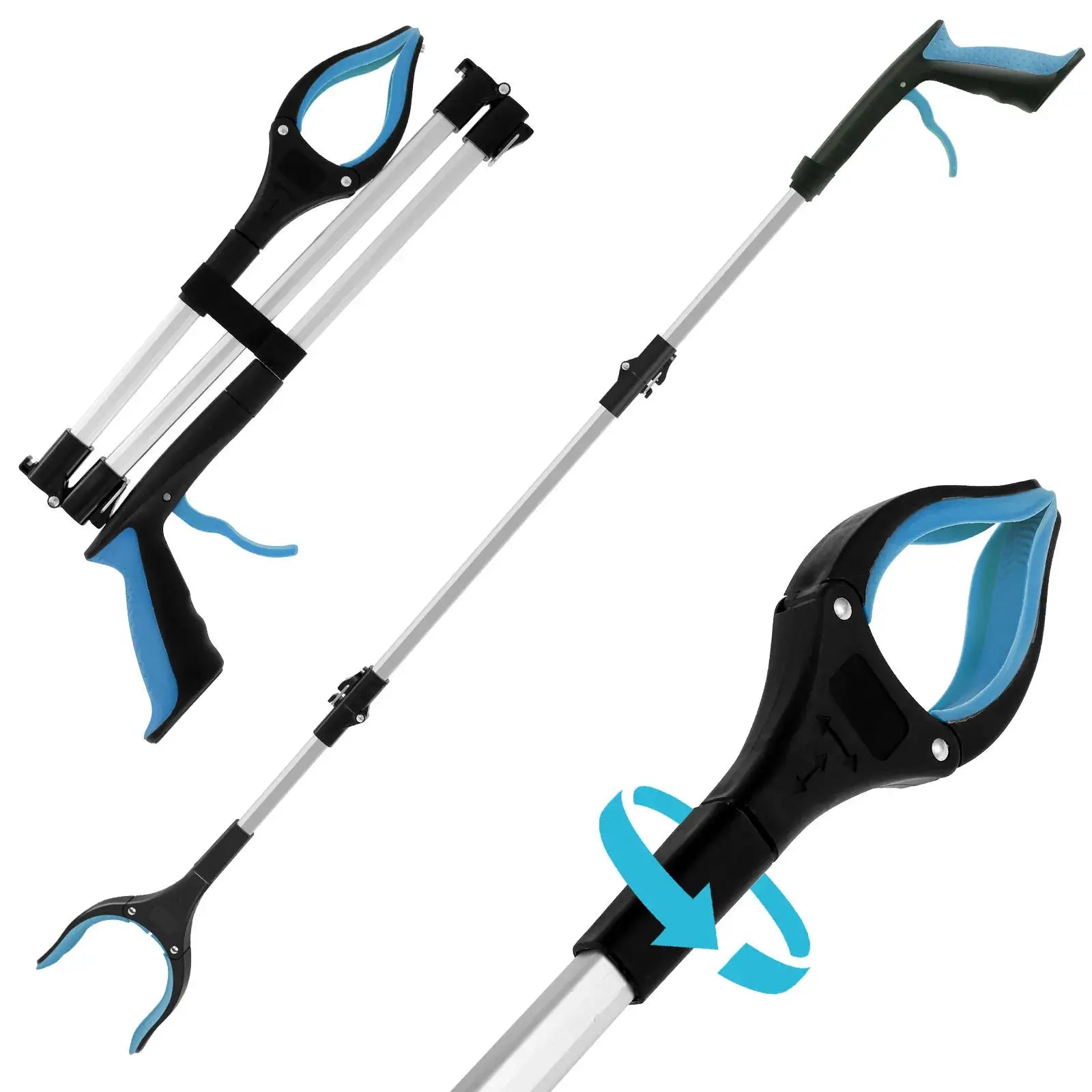 Foldable gripper extender litter picker by Simples Market with blue non-slip jaws and aluminum shaft