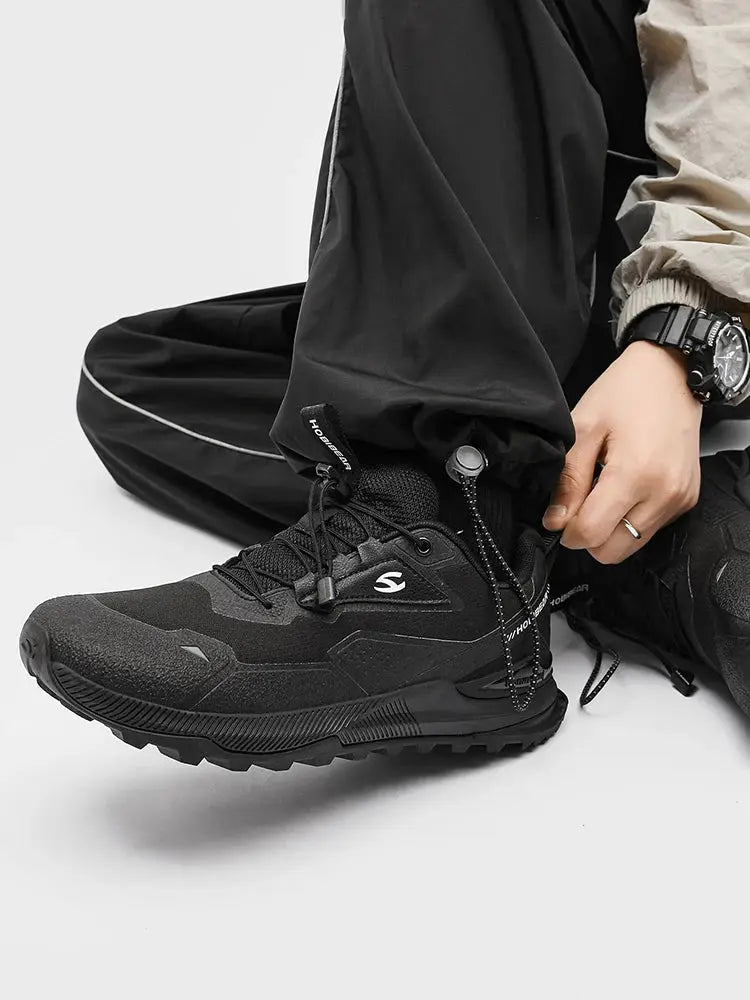 HOBIBEAR black hiking shoes with elastic band and rugged outsole for outdoor travel