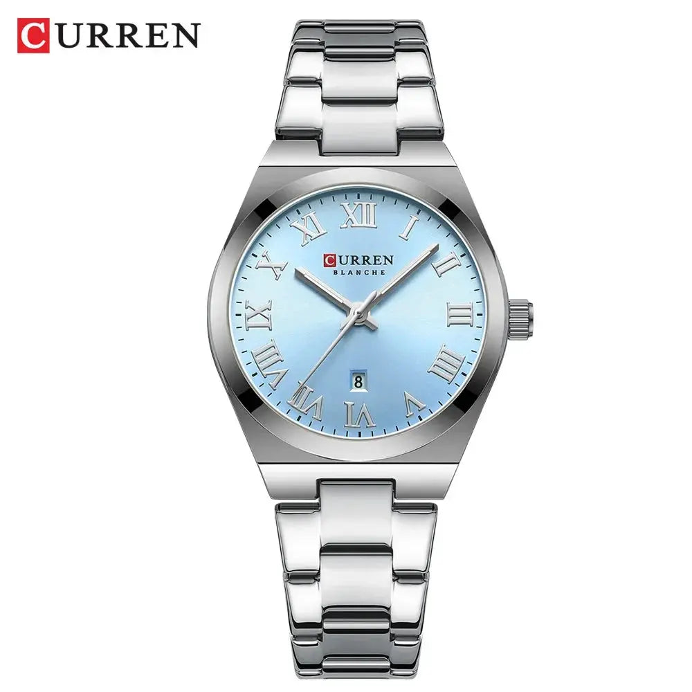 Curren women's stainless steel watch with light blue dial, Roman numerals and date window