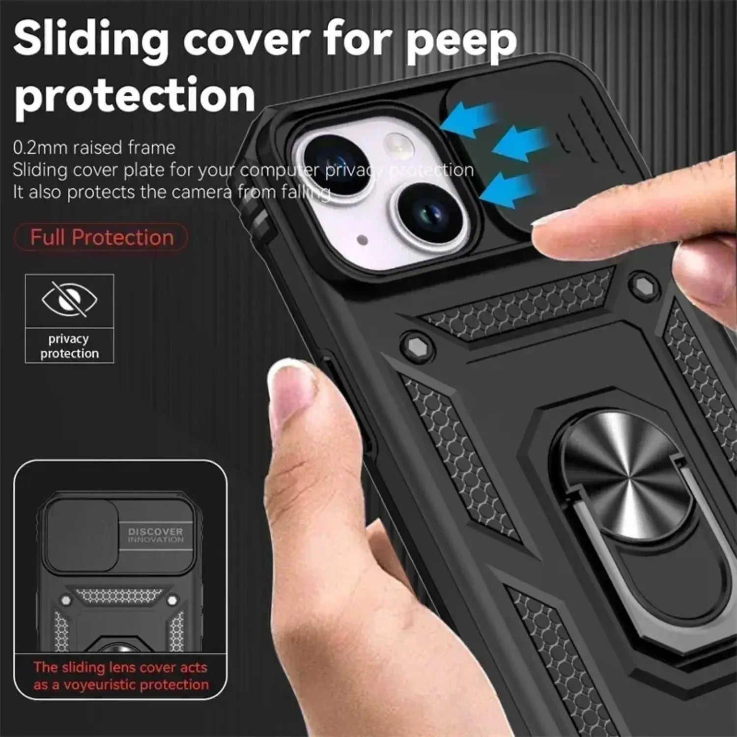 Ring-stand armor case for iPhone with rotating camera lens cover; black, military-grade, Simples Market