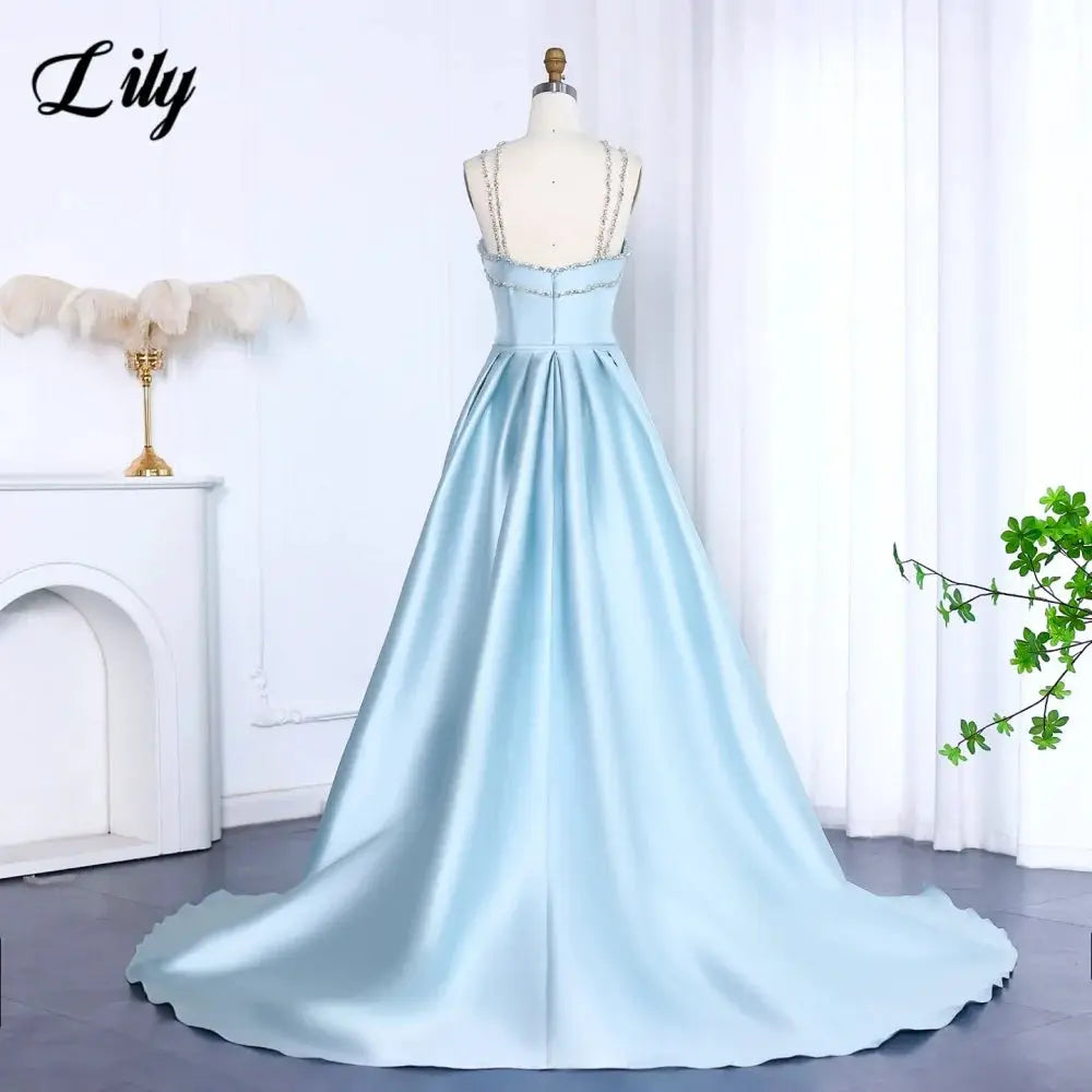 Lily Light Blue Prom Dress With Shiny Beading Halter Detachable Train