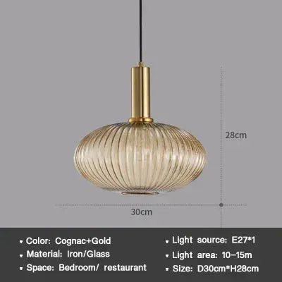 Nordic glass pendant light in cognac gold, ribbed glass shade with iron fixture and E27 fitting, 30cm by 28cm