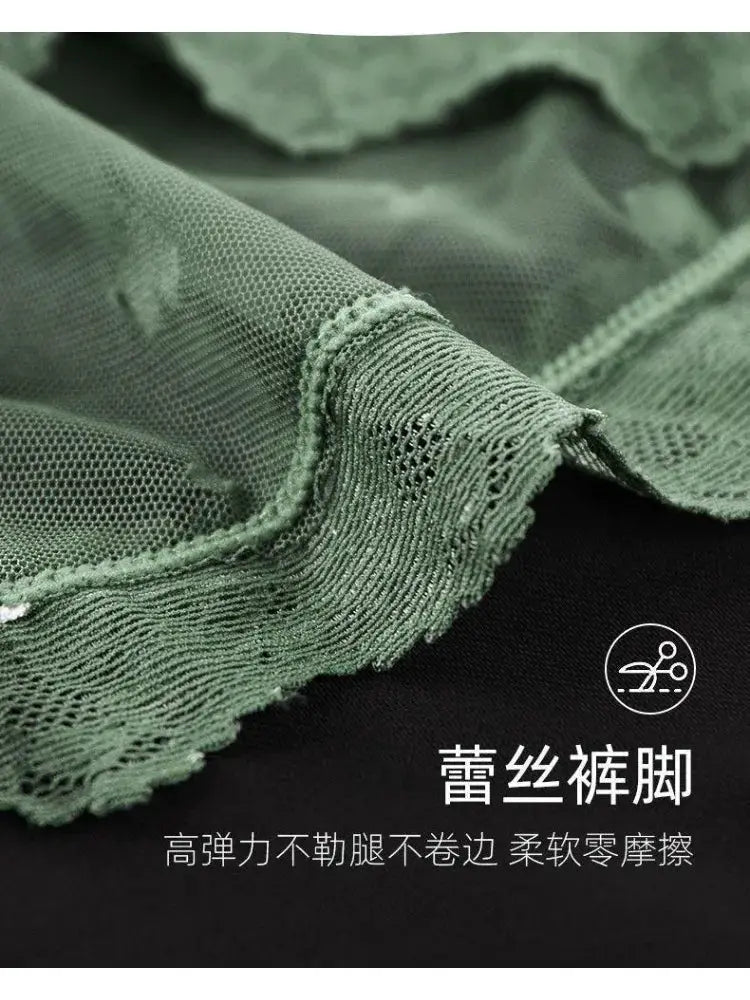 Green lace panties with high-waist design and breathable fabric