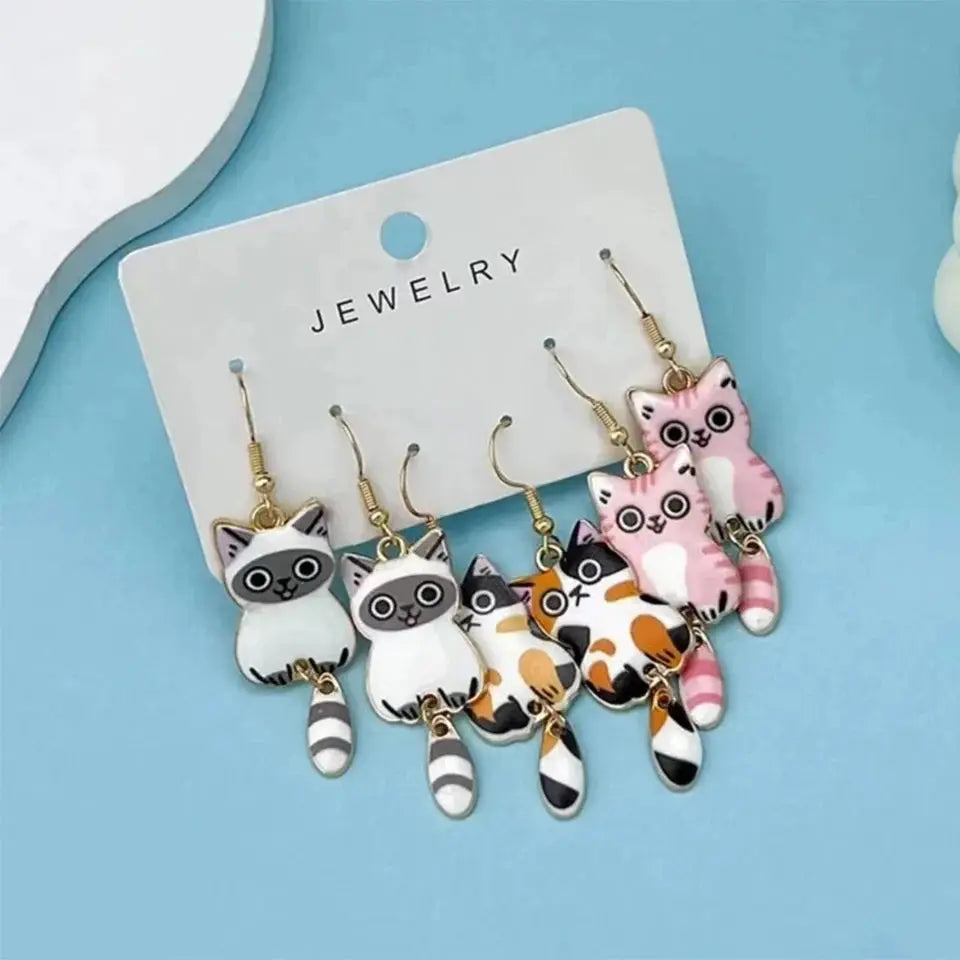 Three Pairs Colorful Cat Ear Dangle Earrings Set Enamel Alloy Hanging Tail Jewelry Cute Gift for Women and Girls