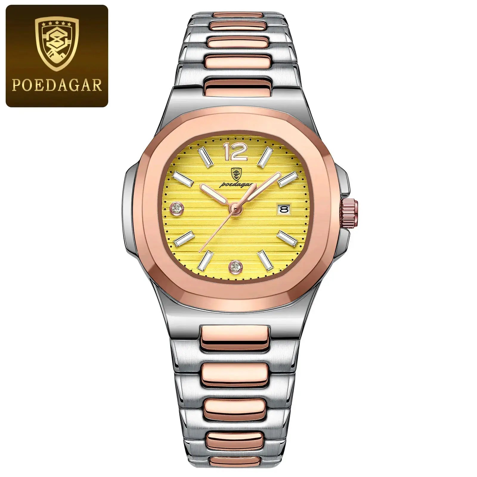 POEDAGAR square women's wristwatch with yellow dial, rose-gold bezel, and two-tone steel bracelet.