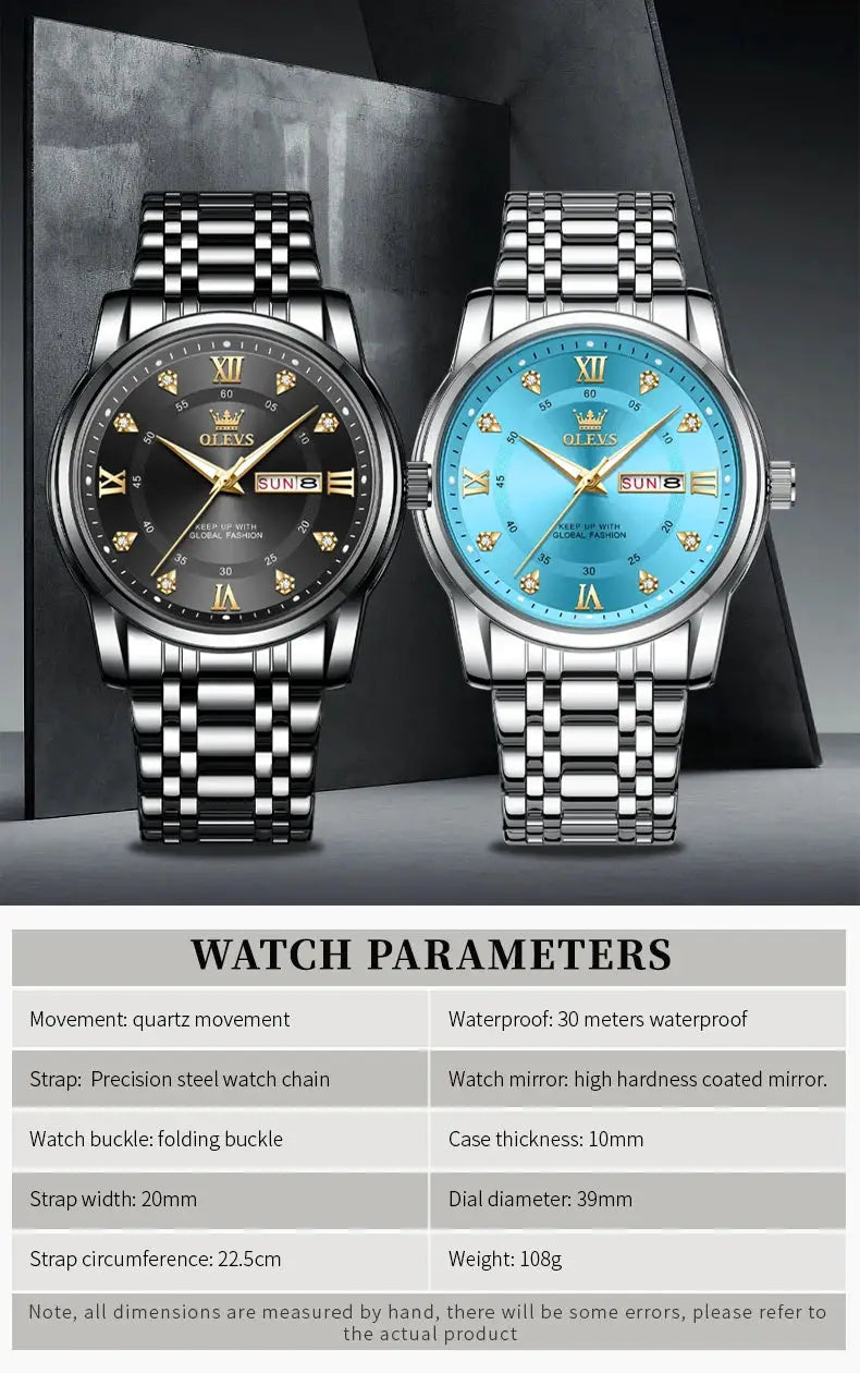 Two OLEVS men's quartz watches on stainless steel bands; black and blue dials with diamond markers and day-date window.