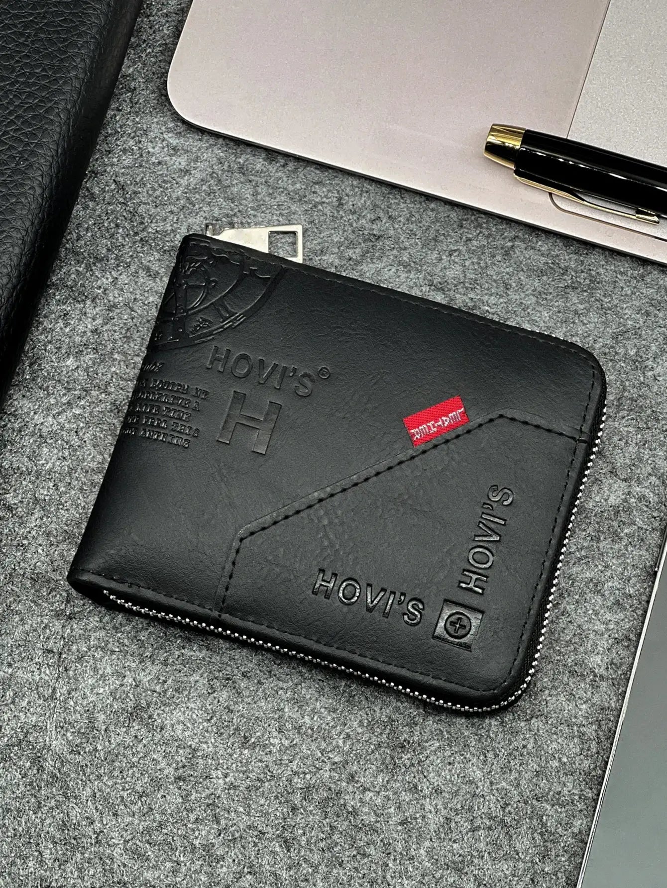 Zippered Slim Mens PU Wallet by Simples Market; black compact wallet for coins and cards with business design.