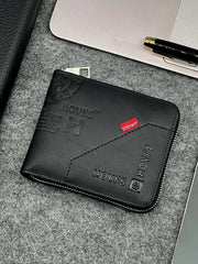 Zippered slim men's PU wallet by Simples Market, black leather with coin and card compartments.