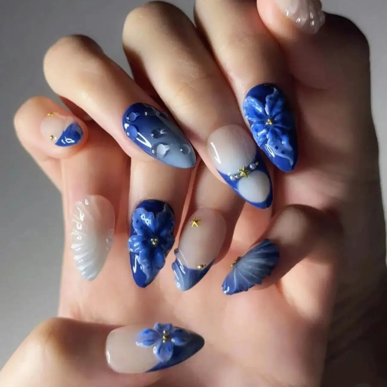 GlamNail Pink Almond Press On Nails Full Coverage Carved Flower 3D Ripple French Tips Golden Pearl Finish