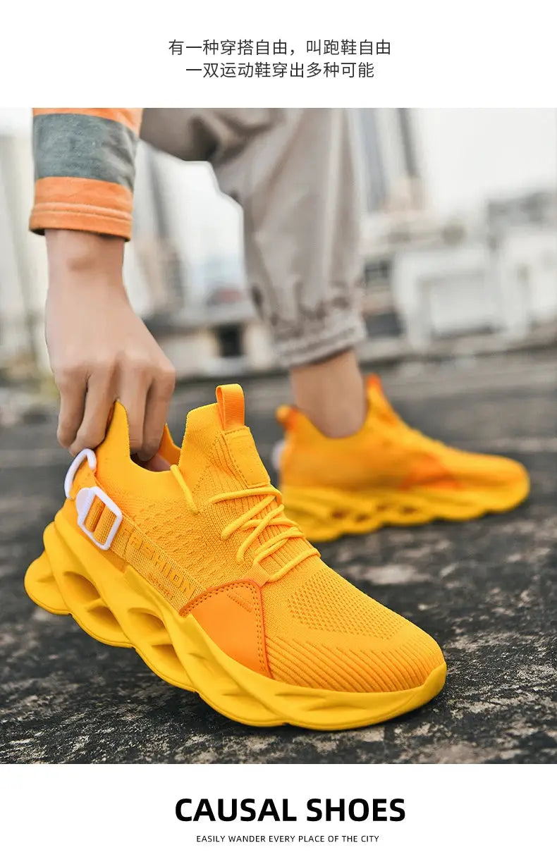 Sneakers Simples Market; pair of bright yellow mesh breathable casual athletic shoes with thick sole for men and women