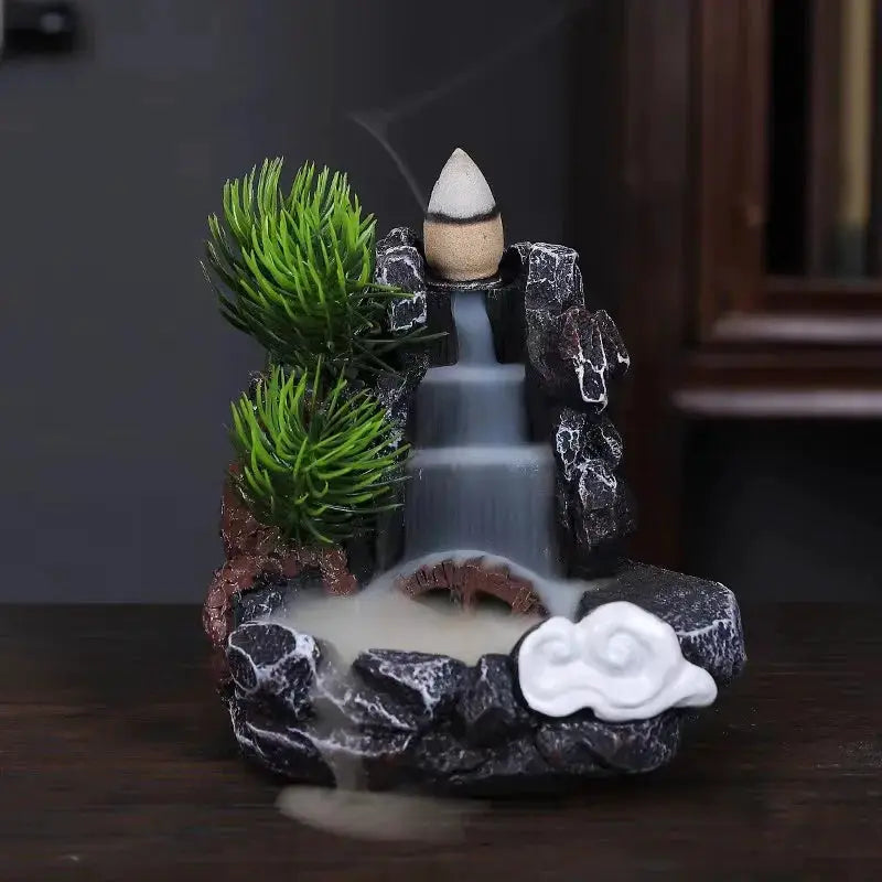 Resin Cascade Backflow Incense Burner With Mountain Waterfall Design For Home Decor And Meditation Gift