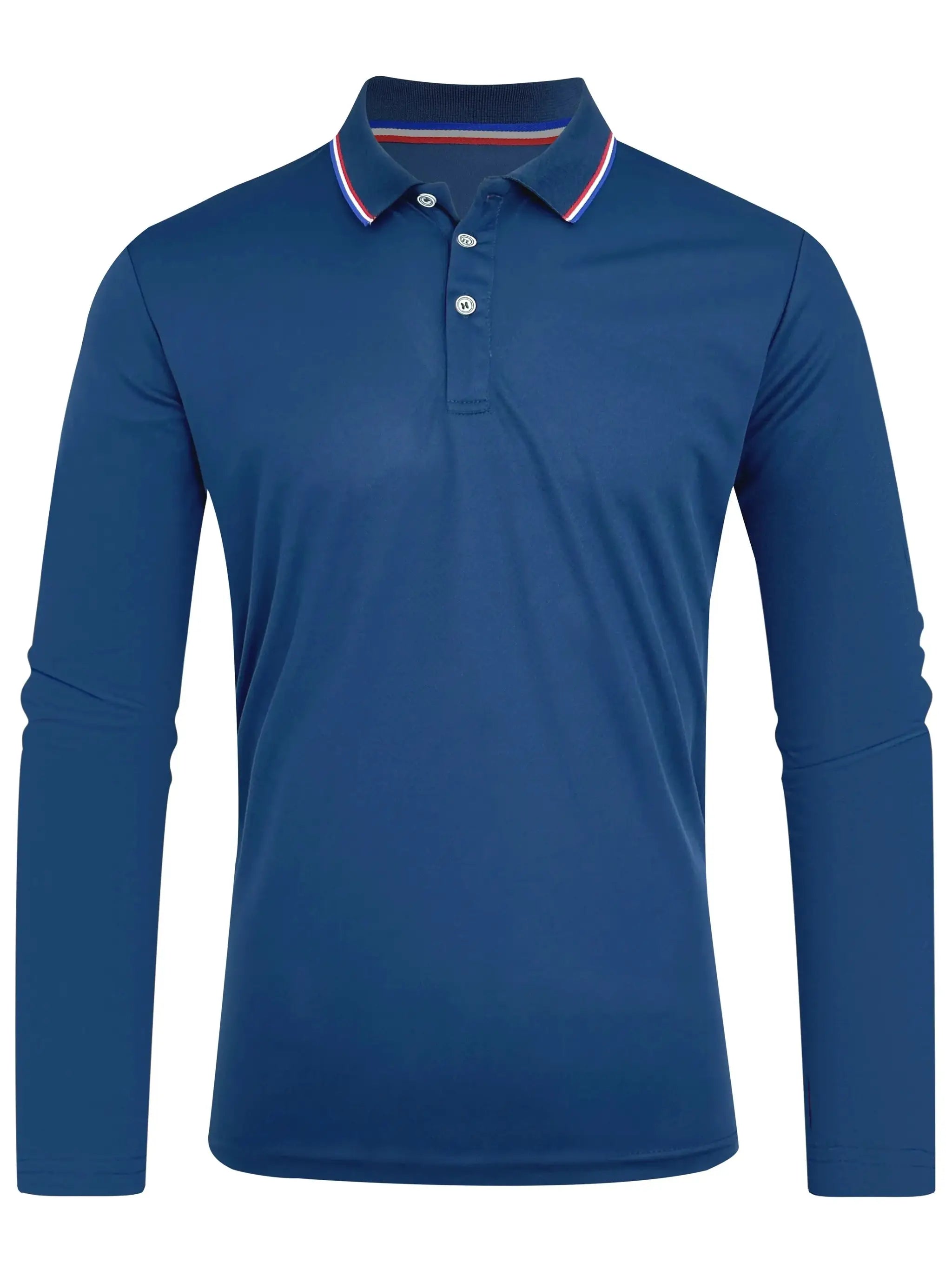 Simples Market men's blue long-sleeve polo shirt with striped red/white collar, casual breathable wear