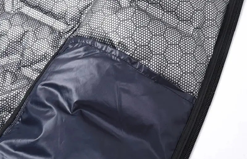 Men's navy blue duck-down puffer jacket interior with hex mesh lining and zipper edge