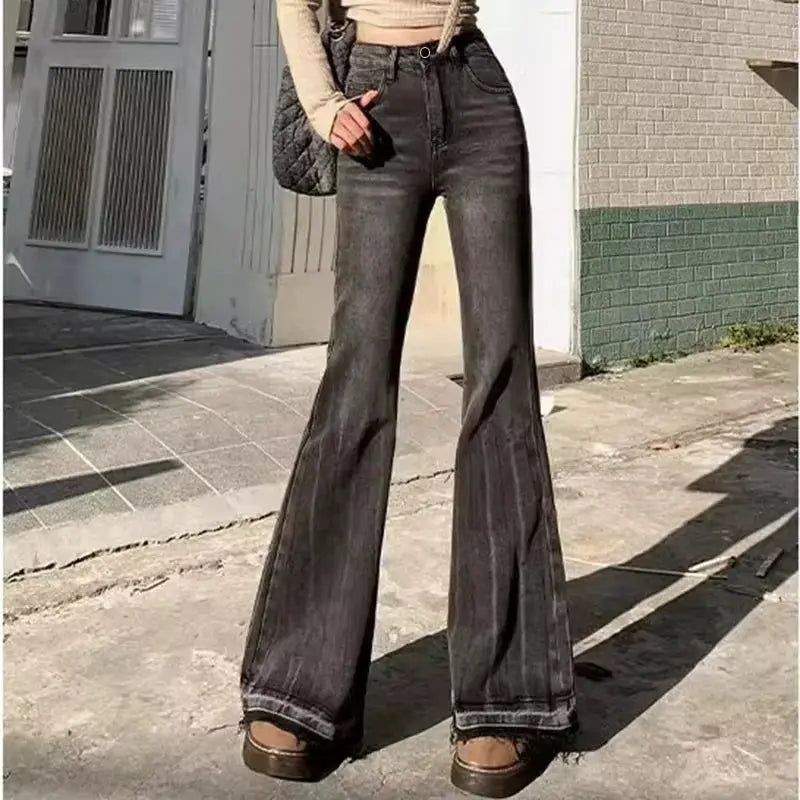 Women High Waist Vintage Flare Jeans Bell Bottom Denim Trousers