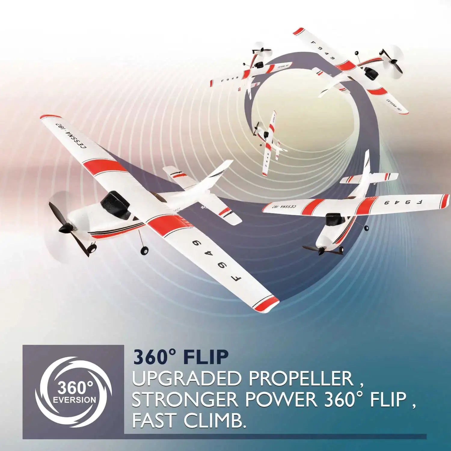 White WLtoys LCD RC airplane set with red accents and Cessna 182–style fixed-wing planes, 360° flip capability
