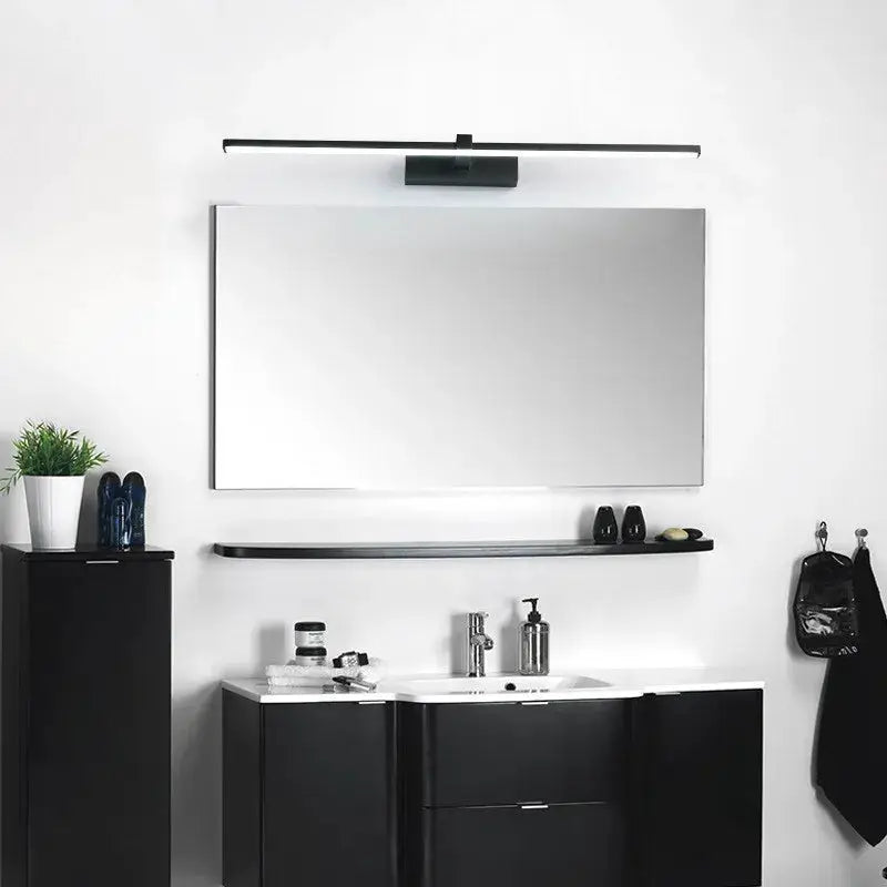 LED mirror light wall lamp, black metal, modern indoor bathroom lighting above a rectangular mirror