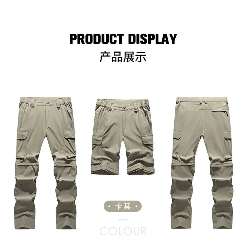 Men's Cargo Hiking Convertible Pants by Simples Market, beige lightweight quick-dry outdoor cargo pants shown in 3 views