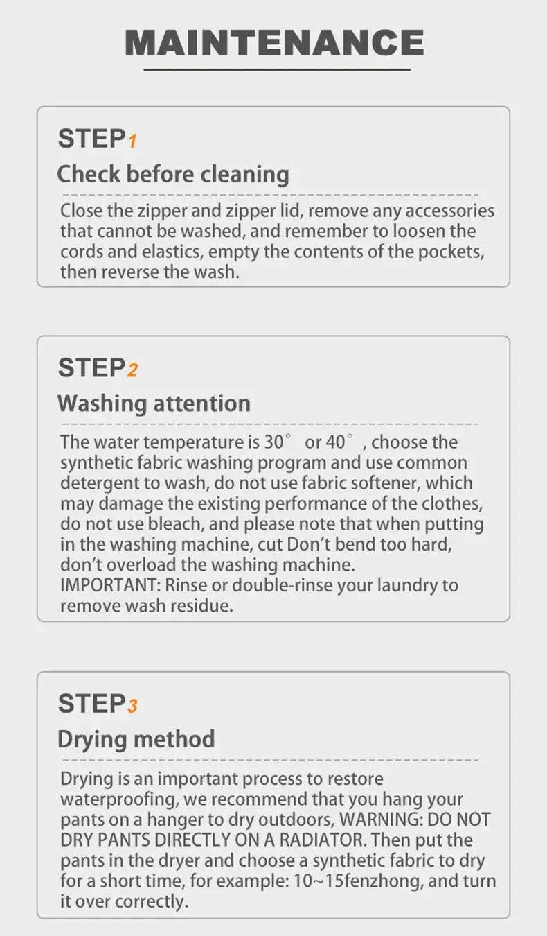 JNLN waterproof fleece jackets care: Step 1 Check before cleaning, Step 2 Washing attention, Step 3 Drying method