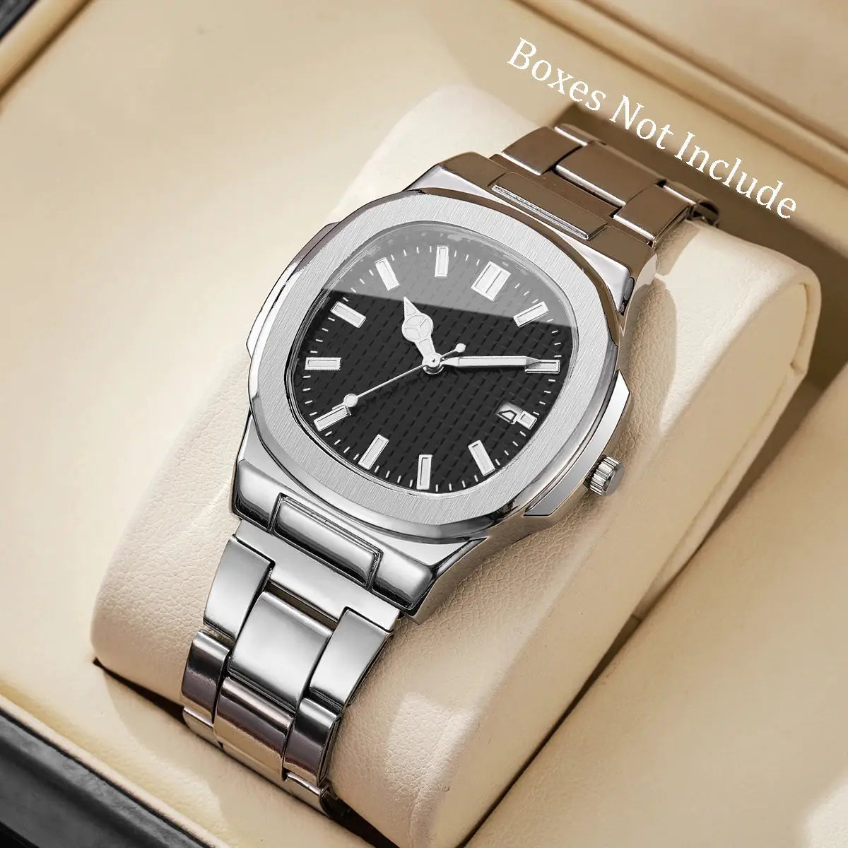 AuroraTime Luxury Square Dial Mens Business Watch Stainless Steel Strap Quartz Movement Calendar