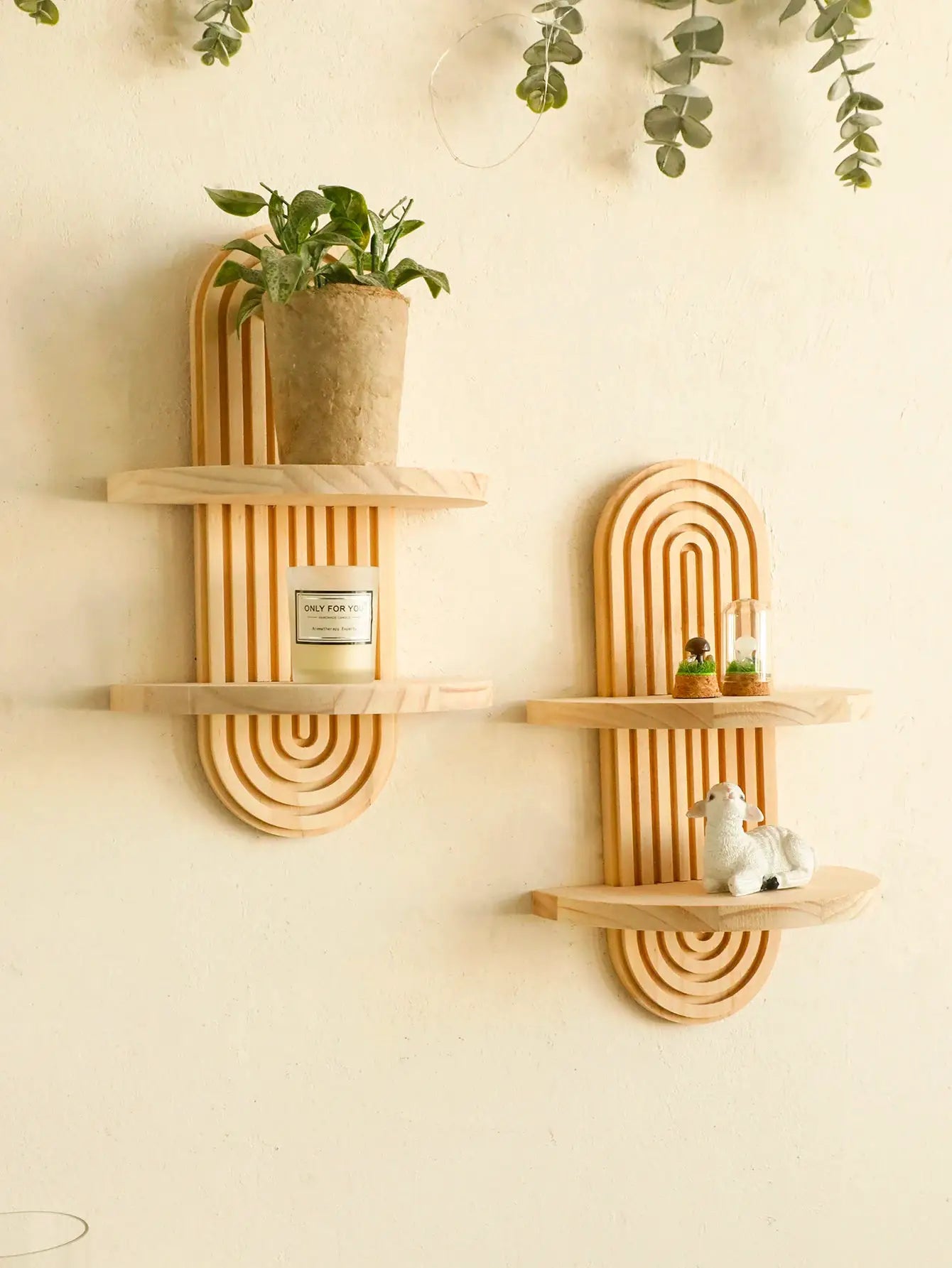 Boho style wooden wall shelves with geometric arches in natural wood finish