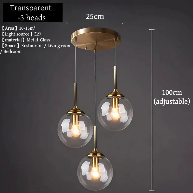 Modern luxury metal chandelier with three clear glass globe pendants and gold finish, adjustable to 100 cm