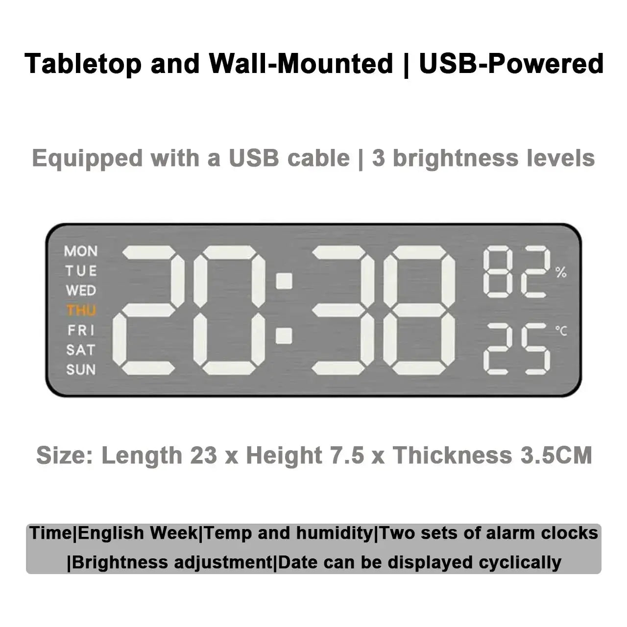 Mirror-brushed finish wall clock with digital display; gray frame, day indicator, time, humidity 82%, temp 25°C.