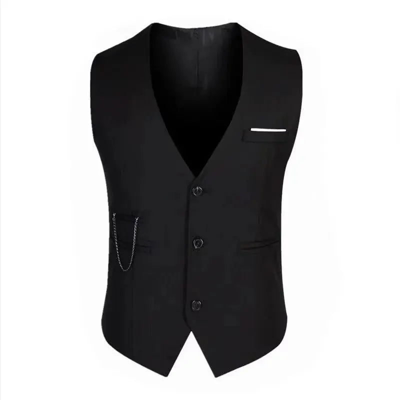 7XL men's black dress waistcoat with chain detail and white-trim pocket.