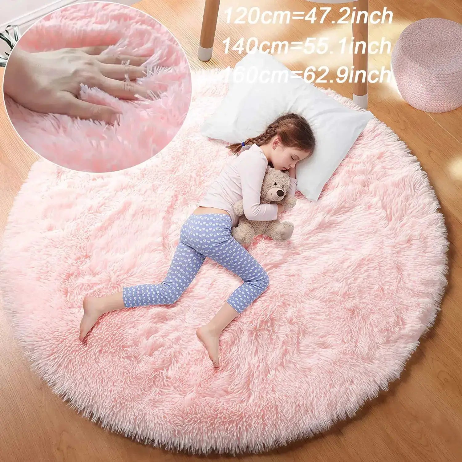 Round plush rug by Simples Market; fluffy pink thick-pile carpet for kids' room and living spaces