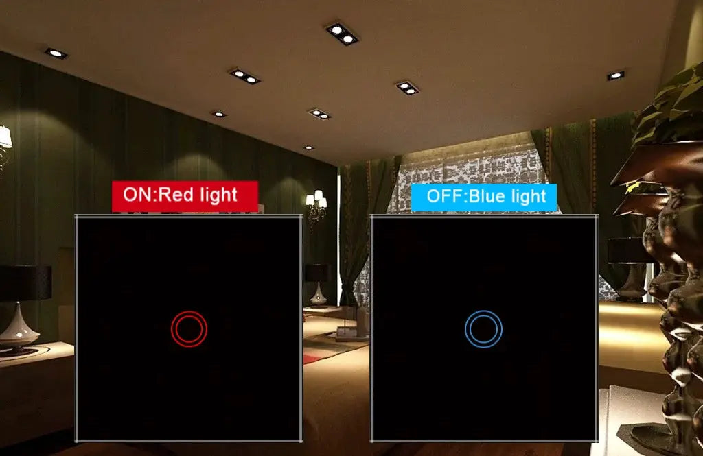 AXUS EU touch switch panels with red and blue LED backlights on tempered crystal glass, 2-piece set