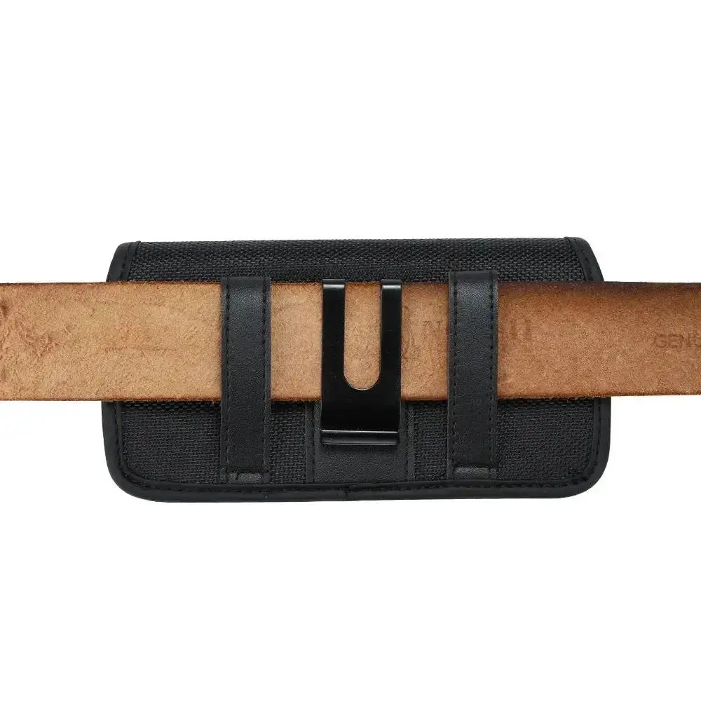 Mobile phone waist bag, black nylon holster with belt loop.