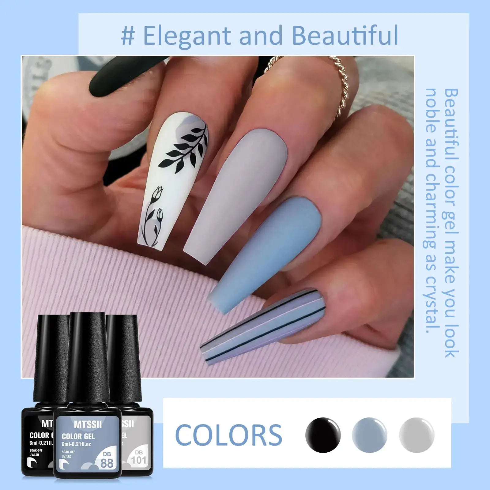 Simples Market 6-piece gel nail polish set in autumn colors; matte blue, gray, white and black shades with a leaf design.