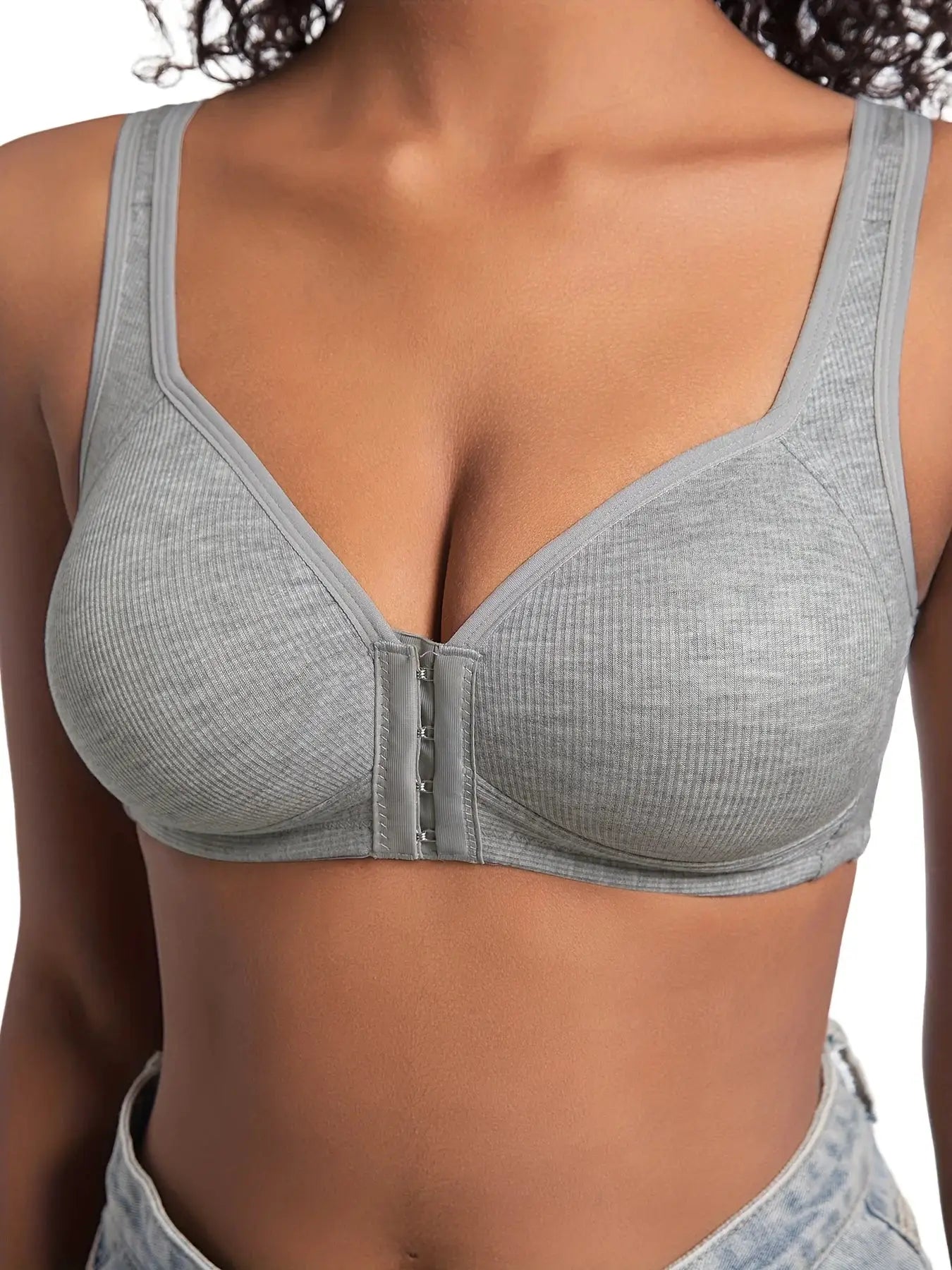 Women's wire-free front-closure bra in gray with full-coverage cups