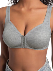 Women's wire-free front-closure bra in gray with full-coverage cups