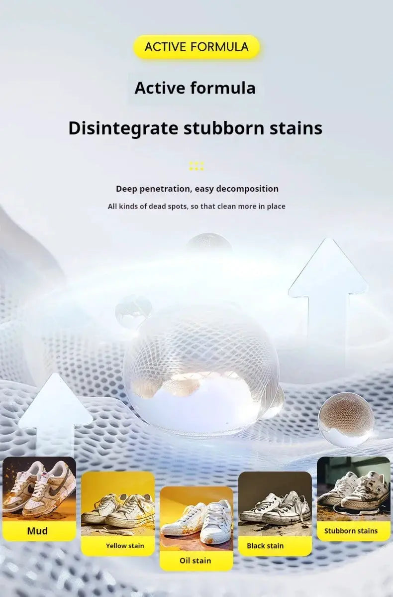 Simples Market shoe cleaner foam kit with 150ml water-free foam and brush; shows stain examples at bottom