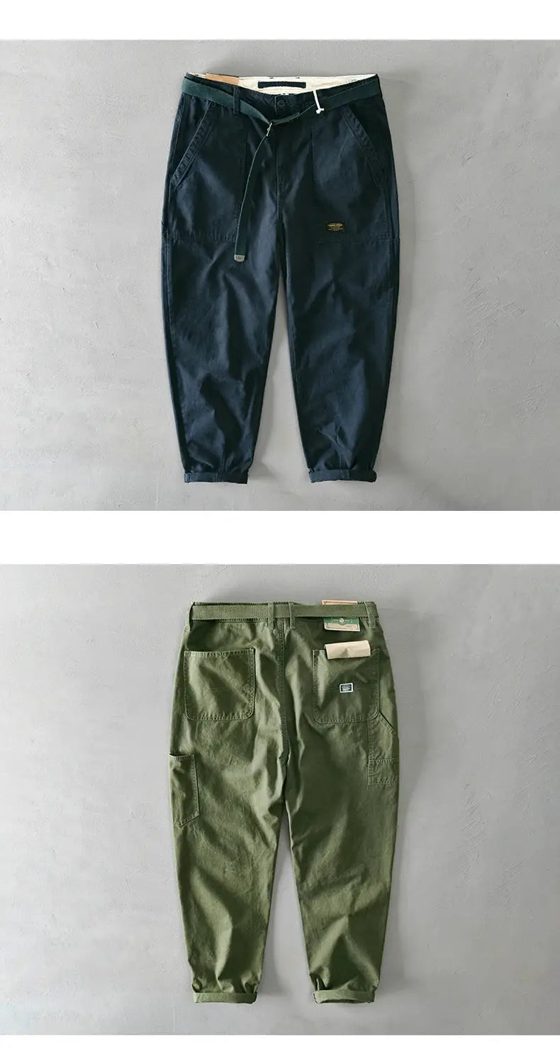 Men's cargo pants by Simples Market; two cotton pairs in navy and olive with large pockets.