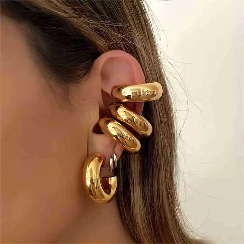 Set of four gold-plated stainless steel C-shaped chunky hoop earrings for women