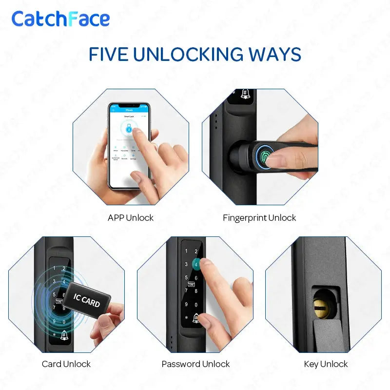 Smart door lock by Simples Market, 92/85mm waterproof TTLock aluminum/glass sliding with five unlock methods: app, fingerprint, card, password, key.
