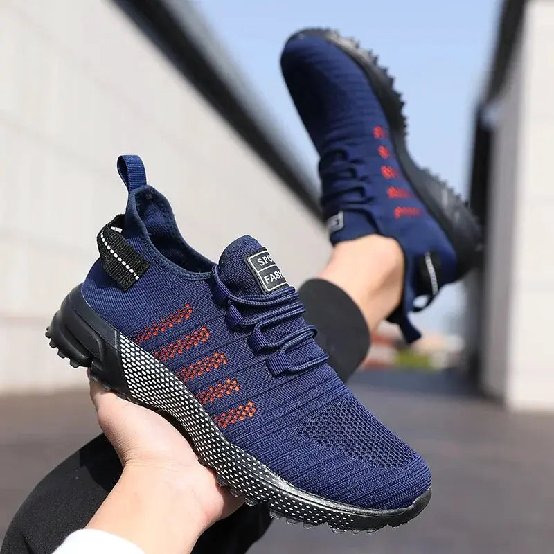 Men's navy mesh running shoes by Simples Market, breathable knit upper with orange accents and speckled sole