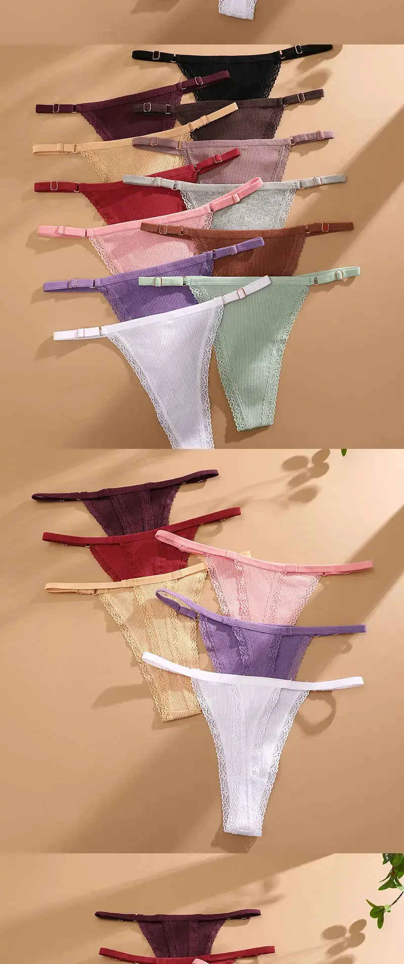Simples Market 5-pack cotton thong underwear in assorted colors with lace-trim edges and adjustable waist straps
