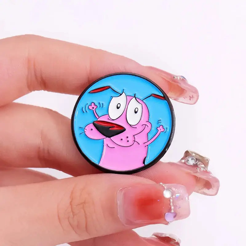 Cartoon Courage The Cowardly Dog Enamel Pin Pink Dog Brooch Lapel Badge Jewelry Gift For Kids And Friends