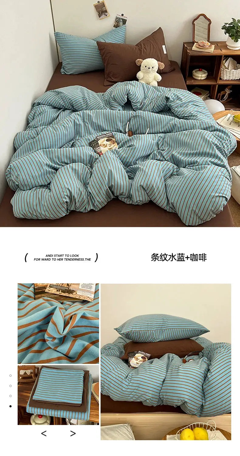Blue striped bedding set with duvet cover, pillowcases and brown bedsheet.