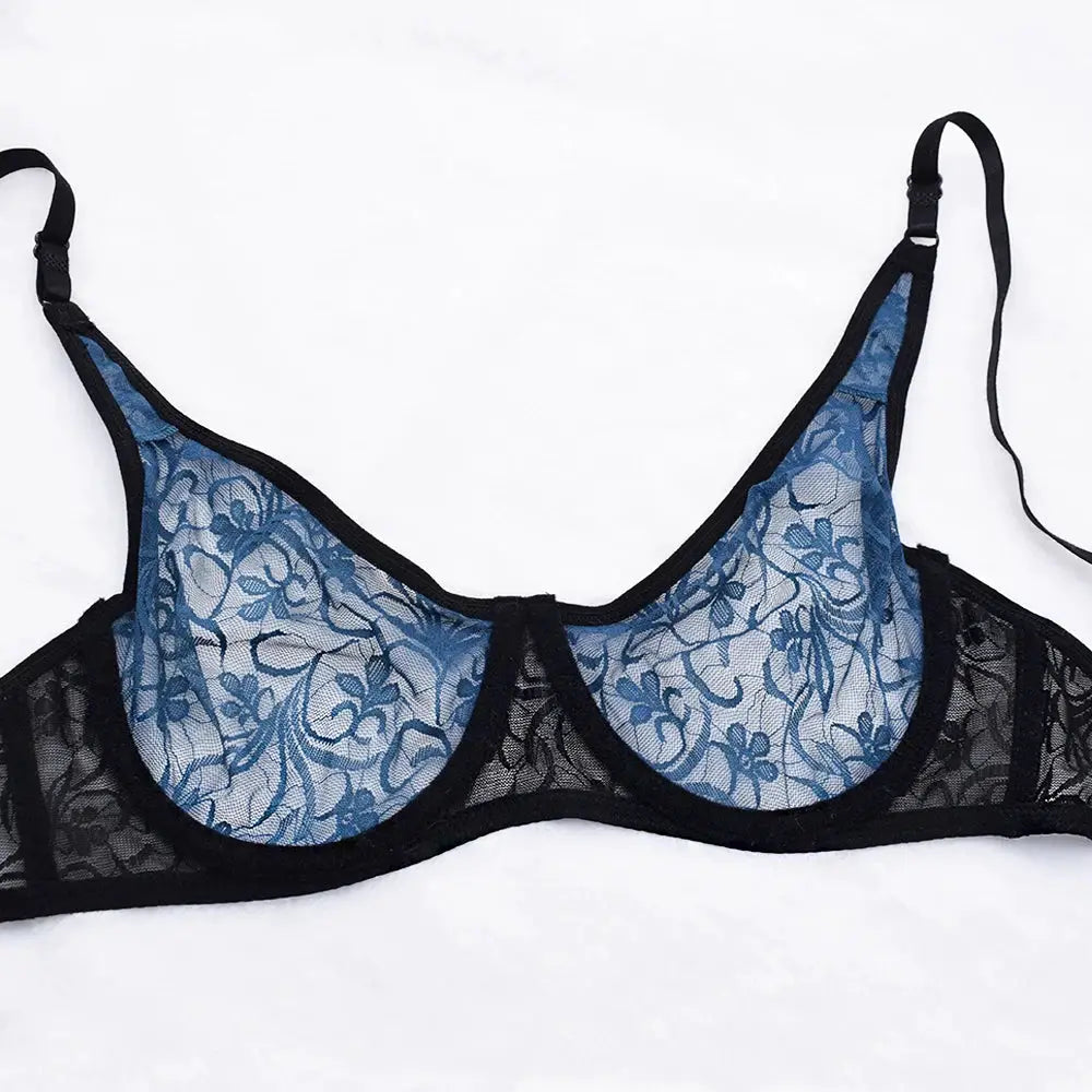 Womens lace underwire bra with blue embroidered cups and black trim, adjustable straps, plus size