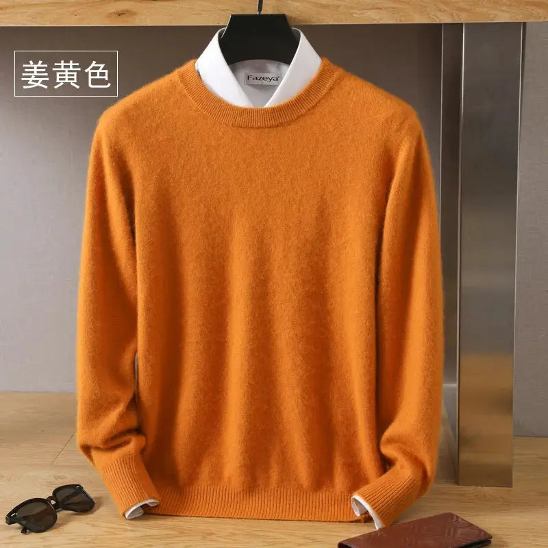 Men's 100% mink cashmere sweater, orange, long sleeve O-neck, Fazeya tag